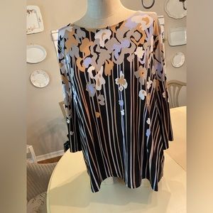 Bob Mackie “wearable art” black/stripe/ floral knit top, 1x